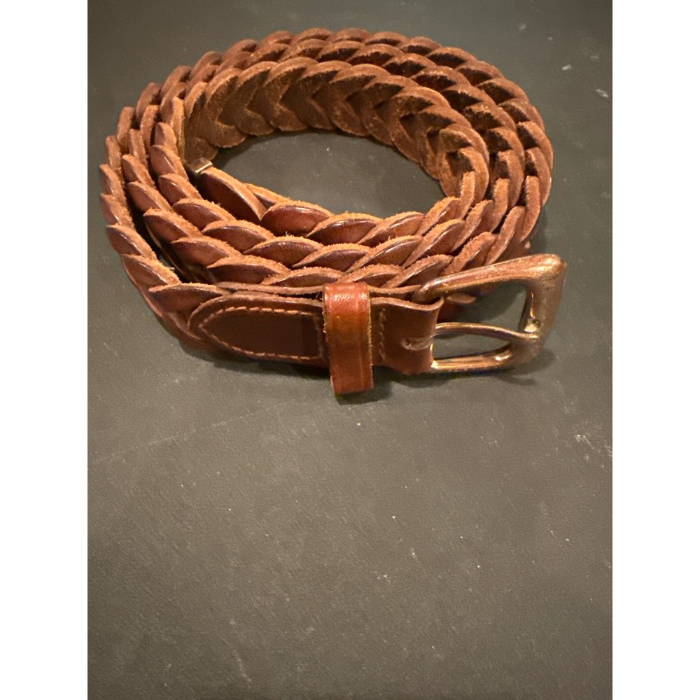 Vintage Mens Brown Braided Leather Belt Size 42 Woven Brass Buckle Tapered Tip